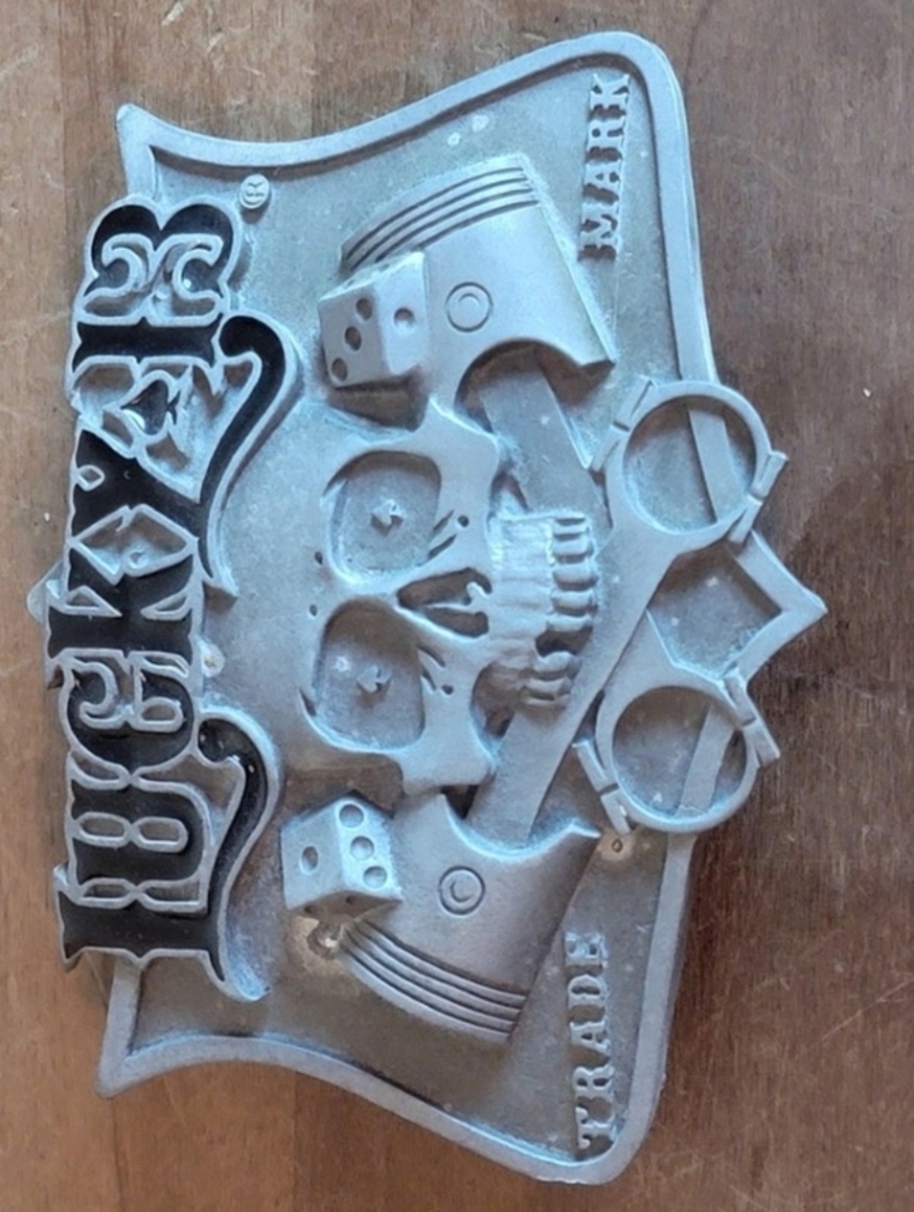 RARE Vintage 2003 Lucky 13 Skull Piston Dice Belt Buckle w Wallet Compartment.